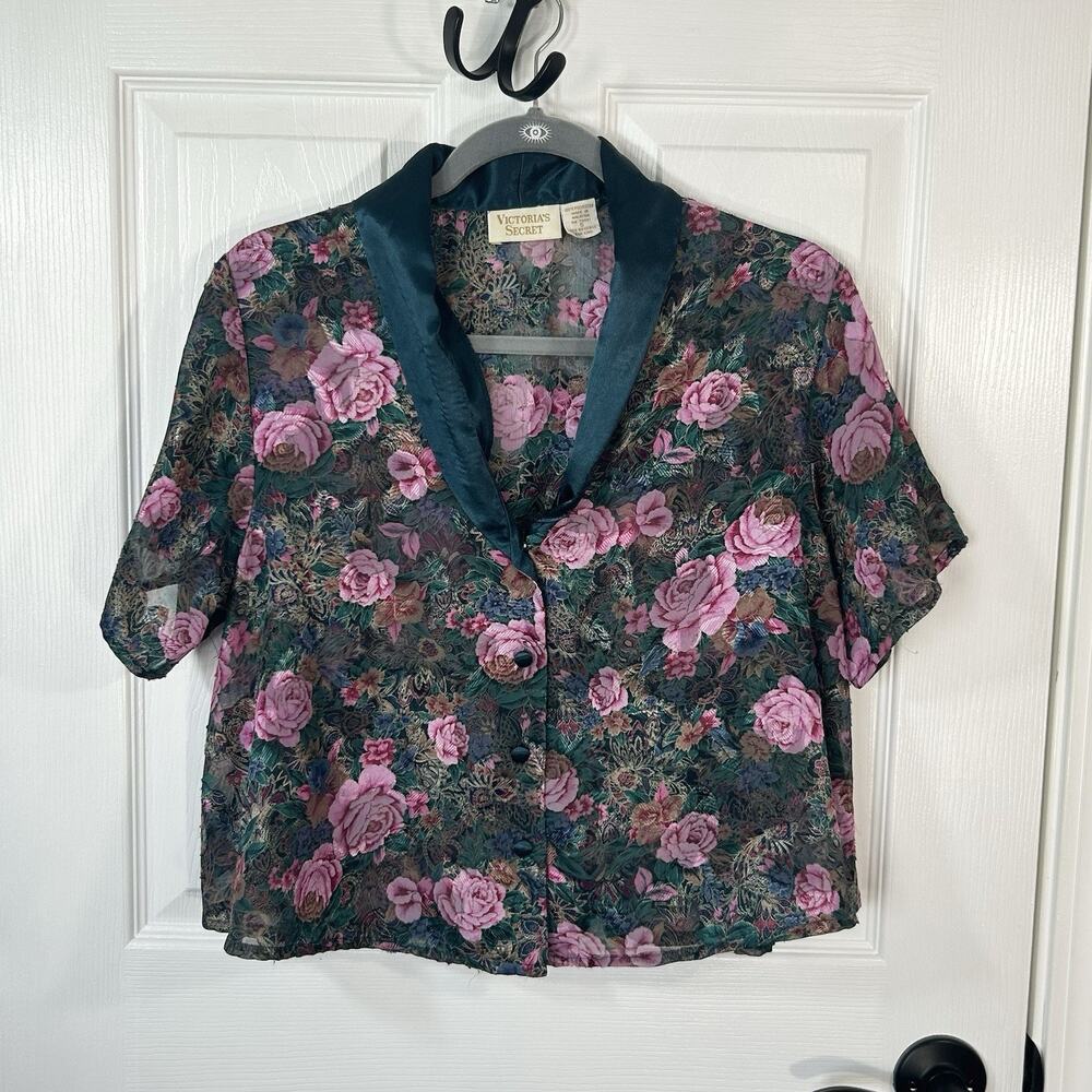 Vintage Victoria Secret Floral Semi Sheer Pajama Top Gold Label Size S Teal Pink
